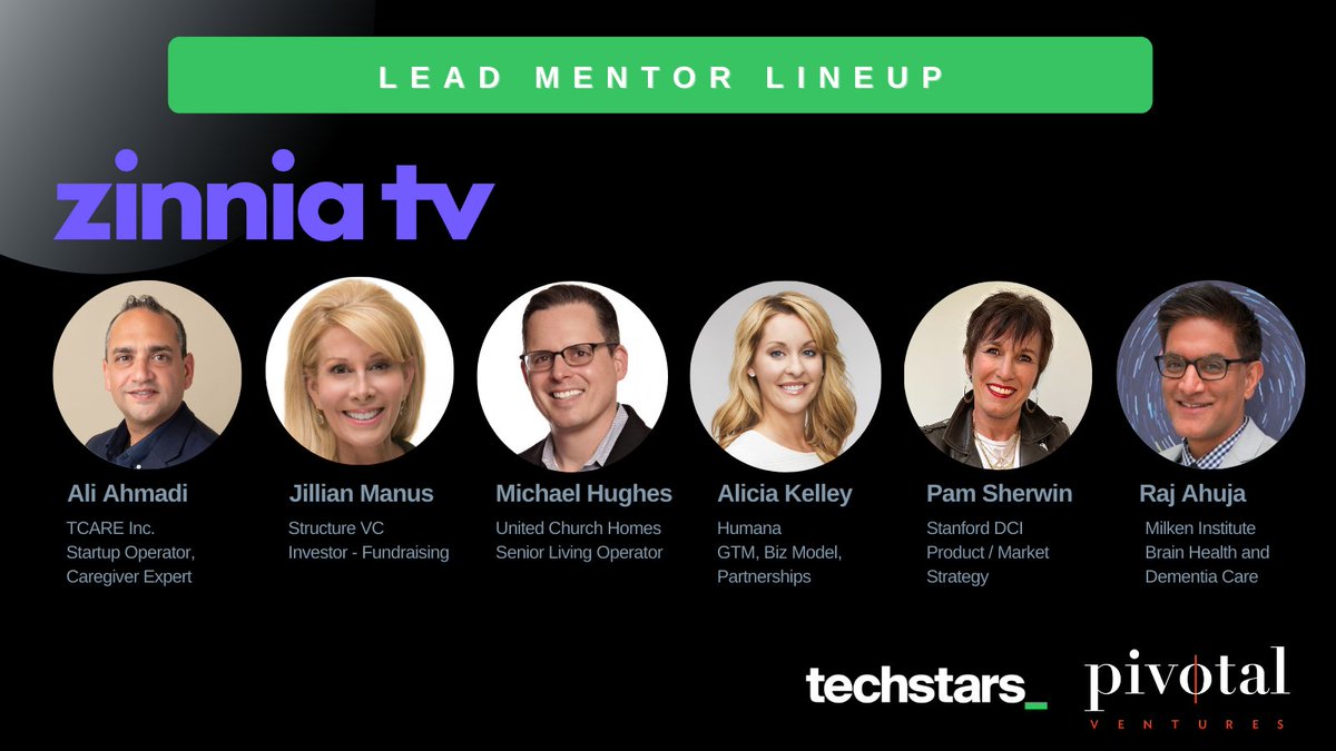 Today is Day 5 of our 10-day campaign to spotlight the Lead Mentor Lineup for each of our #TSLongevity companies. <a href="/watchzinniatv/">Zinnia TV</a> is delighted to work with Ali Ahmadi, Jillian Manus, Michael Hughes, Alicia Kelley, Pam Sherwin, and Rajiv Ahuja. 

<a href="/Techstars/">Techstars</a> 
<a href="/pivotalventures/">Pivotal Ventures</a>