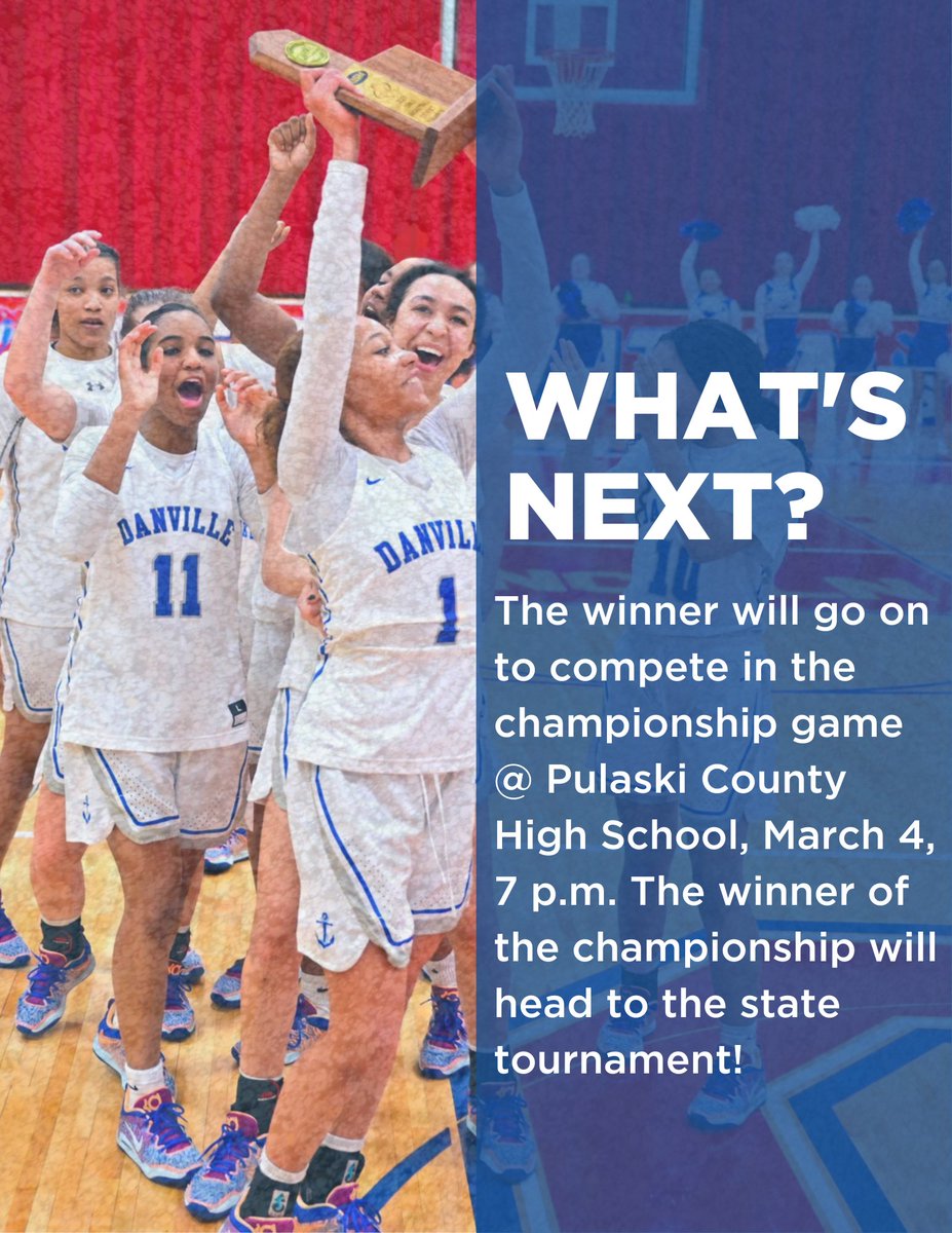 DanvilleSchools's tweet photo. After our @danvillehigh girls basketball team's win against McCreary Co. last night in the 12th Region Tournament, they will move on to face Pulaski Co. on Friday, 6:30 p.m. @ Pulaski Co. High. The winner will move on to the championship game. Good luck &amp; GO ADS! ⚓#DISD #GoAds https://t.co/No3DqOc2U9