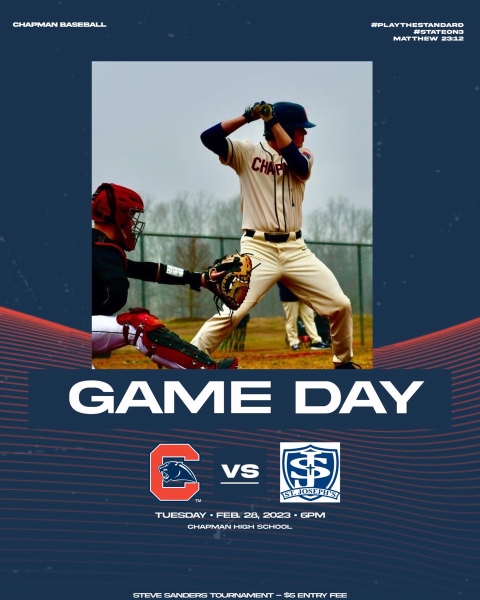CHSBaseball1954's tweet photo. GAMEDAY
Steve Sanders Tournament Game 3
6:00 - Chapman High School
Matthew 23:12
#PLAYtheSTANDARD
#STATEon3 https://t.co/AoofPNvnrW
