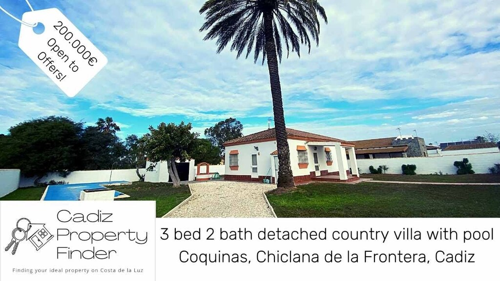 Only 200.000 euros and 'open to offers' this detached 3 bed 2 bath country villa is a great opportunity!

It has a fully enclosed garden and a long swimming pool, ideal for laps!

More details: ift.tt/1t364pK

#chiclana #chiclanadelafrontera #holidayhomes #spanishprope…