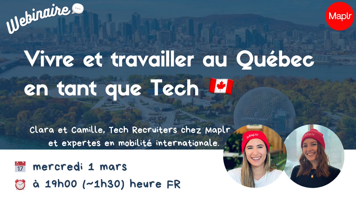 🇨🇦 "Vivre et travailler au Québec en tant que Tech" 
Inscrivez-vous à notre webinaire gratuit animé par nos Tech Recruiters chez !

Clara et Camille, répondront à toutes vos questions pour envisager votre projet de vie au Canada sereinement 👇
bit.ly/webinaire-maplr