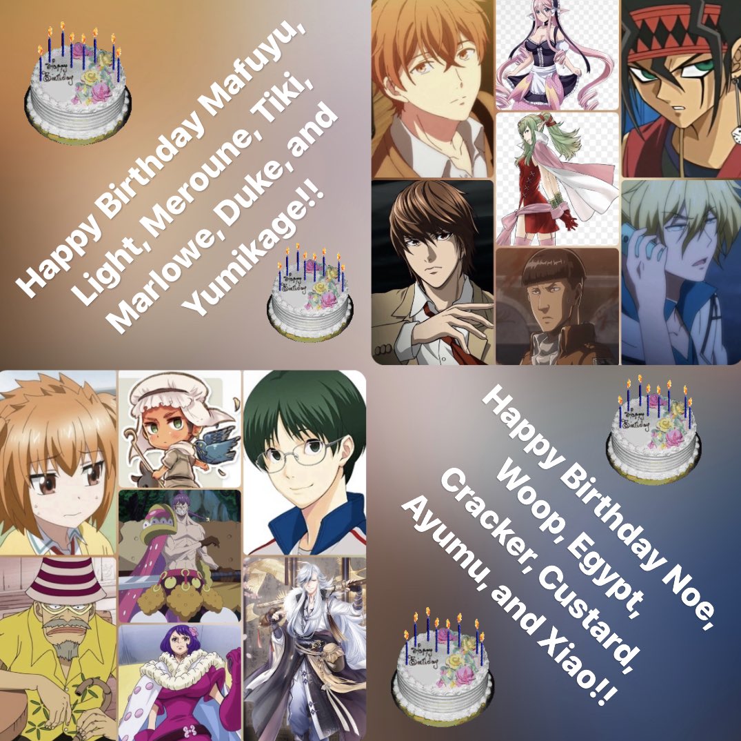 BlueWolfPuppy's tweet photo. Happy Birthday to all these lovely characters today🎂🎂🎂🎂
#everydaymonstersgirls #fireemblemawakening #givenanime #deathnote #hetaliaaxispowers #YuGiOh #onepiece #dfragments #AttackOnTitan #princeofstridealternative #servamp #lovenikki https://t.co/9puO4ee33a
