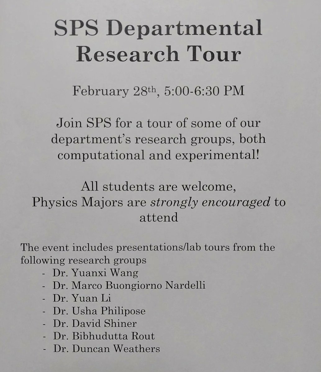 UntPhysics's tweet photo. Don't forget to swing by the physics lounge (room 114) at 5 PM today for the SPS departmental research tour! Presentations and lab tours will be given from various research groups until 6:30 PM so make sure to get there early to see as much as possible!
#UNT #UNTPhysics #UNTSPS https://t.co/Zv1uYvVFnk