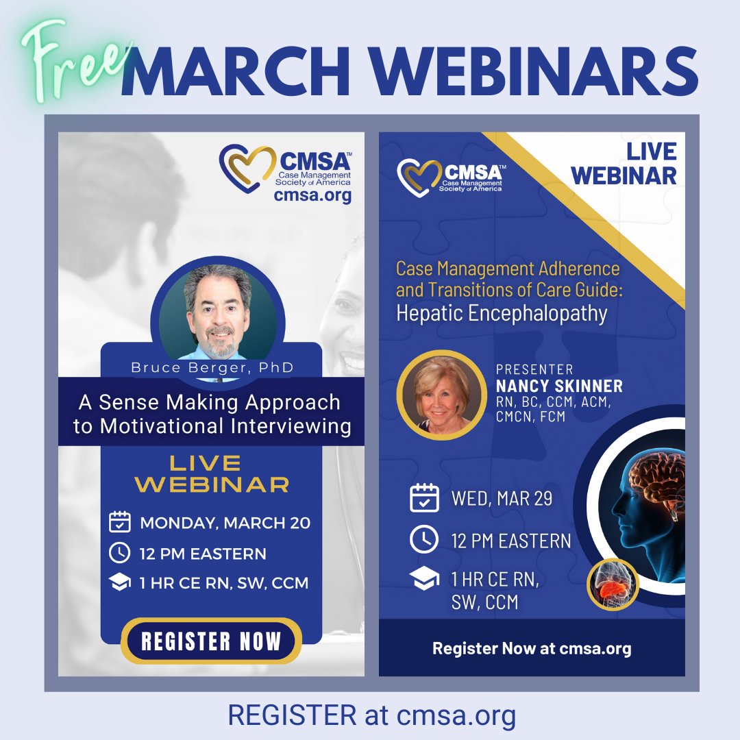 CMSANational's tweet image. #CMSA has 2 #FreeWebinars lined up for March!
Register at cmsa.org/education/educ…
Mon, Mar 20, 12p ET
&quot;A Sense Making Approach to #MotivationalInterviewing&quot;
Sponsored by #Paratek
Wed, Mar 29, 12p ET
&quot;CMAG Transitions of Care for #HepaticEncephalopathy&quot;
Sponsored by #BauschHealth