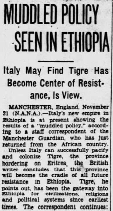 Ch29News's tweet photo. The November 21, 1936 issue of the The New York Times says this about Tigray https://t.co/dSEt3qOmi8