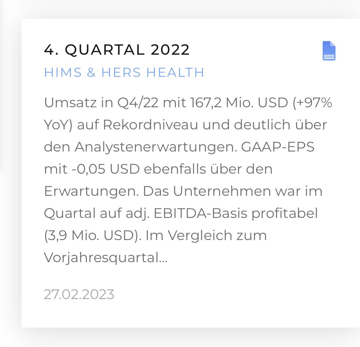 teq_capital's tweet photo. @wearehims &amp; @wearehers hat gestern das Geschäftsjahr 2022 erfolgreich abgeschlossen:

✅ Q4/22-Umsatz von 167 Mio. USD (+97% YoY)

✅ Steigerung der Bruttomarge auf 79%

✅ Über 1 Mio. Subscriber (+88% YoY)

✅ Min. 1,2 Mrd. Umsatz und 100. Mio adj. EBITDA in 2025

#marketing https://t.co/aFAkkmTohA