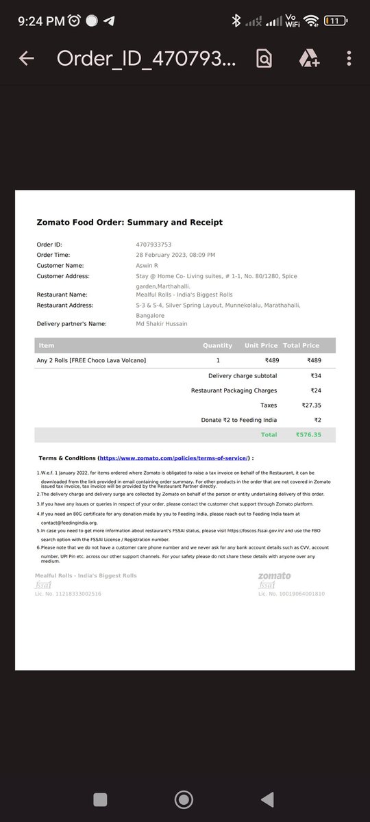 Aswinwilloffire's tweet photo. @zomatocare Hello there 
I ordered food from a restaurant in zomato but it was not delivered by the delivery guy. On the app it is showing it was delivered. I neither got food nor I was refunded. I'm sharing the order and invoice please refund my money. https://t.co/mCo9xyc7Bt