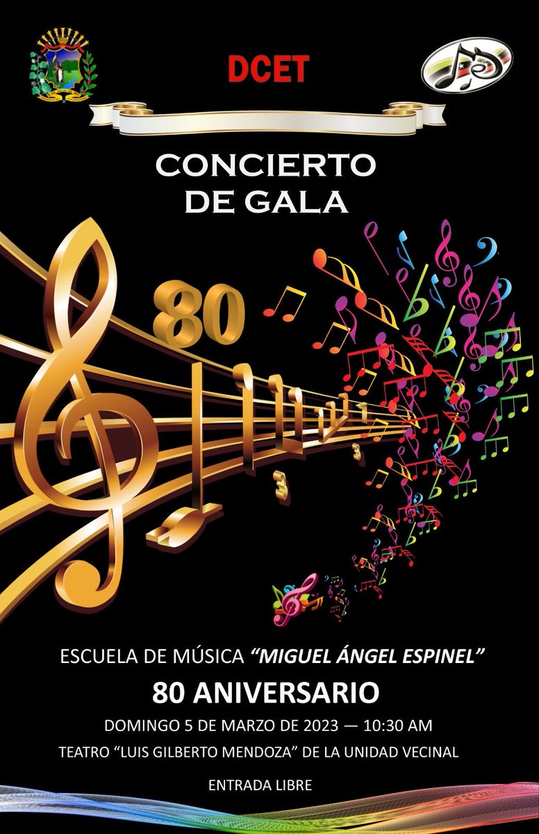 Están todos cordialmente invitados Concierto de gala 80 Aniversario <a href="/EMMAETachira/">Escuela de Música</a> ⁦<a href="/DCETachira/">Dirección de Cultura</a>⁩
