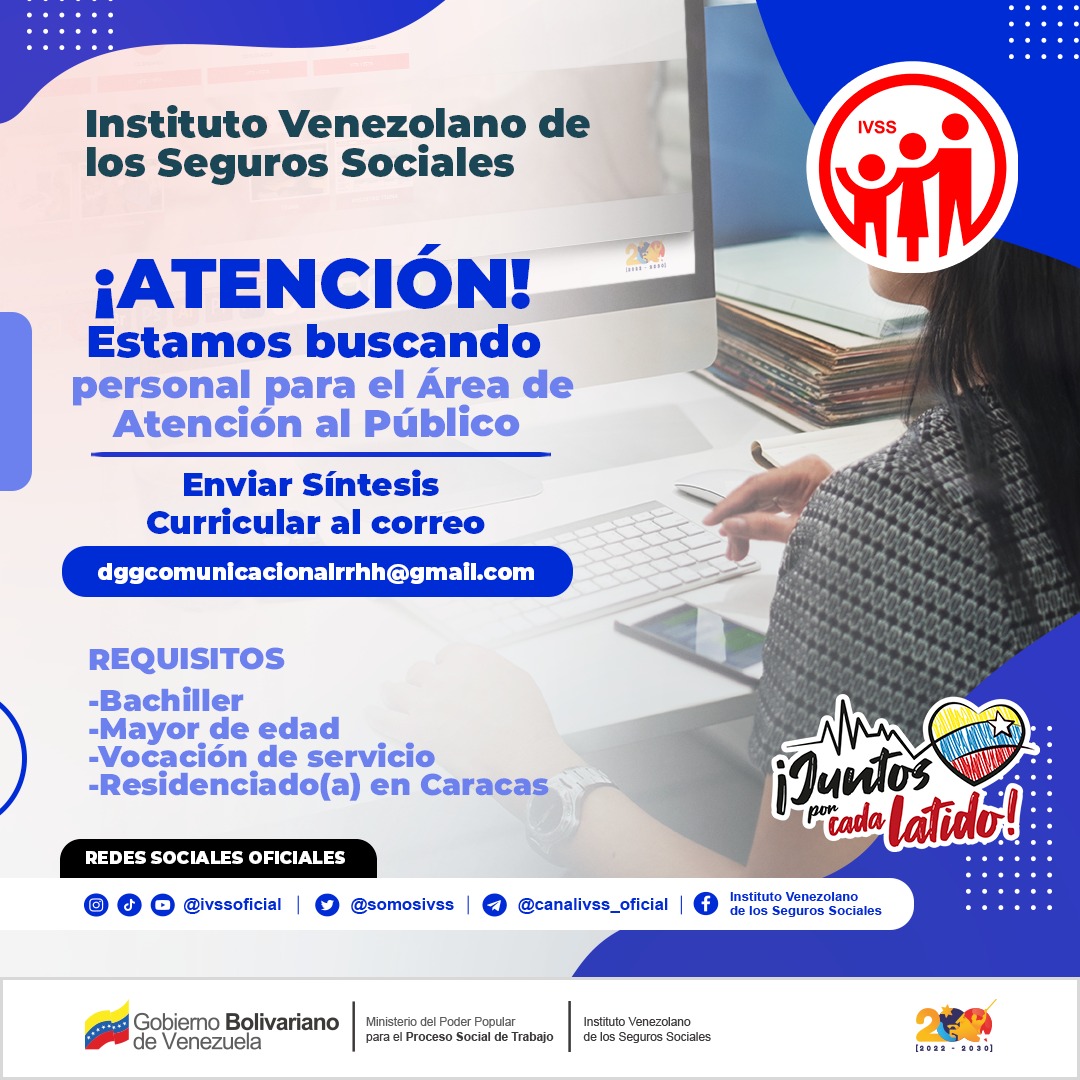 #DeInterés | Estamos buscando personal para el área de Atención al Público. 

Envía tu Síntesis Curricular al siguiente correo : dggcomunicacionalrrhh@gmail.com

REQUISITOS:
* Bachiller
* Mayor de edad
* Vocación de servicio
* Residenciado (a) en Caracas