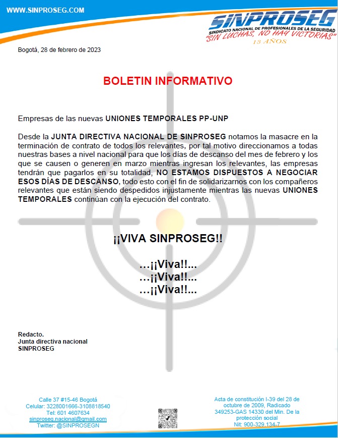 <a href="/infopresidencia/">Presidencia Colombia 🇨🇴</a> <a href="/petrogustavo/">Gustavo Petro</a> <a href="/Veronicalcocerg/">Verónica Alcocer García</a> <a href="/UNPColombia/">Unidad Nacional de Protección, UNP.</a> <a href="/sinprosegbogota/">SINPROSEG BOGOTA</a> <a href="/FranciaMarquezM/">Francia Márquez Mina</a> <a href="/MintrabajoCol/">MinTrabajo</a> <a href="/PalmaEdwin/">Edwin Palma Egea</a> 
Rechazamos y coordinamos las bases para que las empresas paguen el 100% de los días de descanso, nos solidarizamos con los más de 900 relevantes del PP-UNP