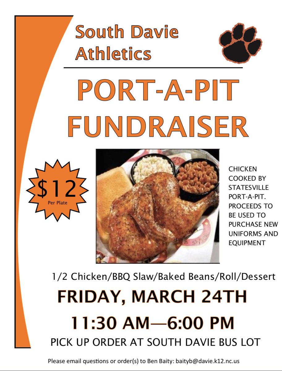 SDavieAthletics's tweet photo. Port-a-pit Fundraiser has started!! See any current spring sport athlete, come by the school or contact Coach Baity for tickets!! March 24th 11:30am-6:00pm. Pick up in the bus lot. Ticket sales now through March 17th. https://t.co/soz0rytDYQ