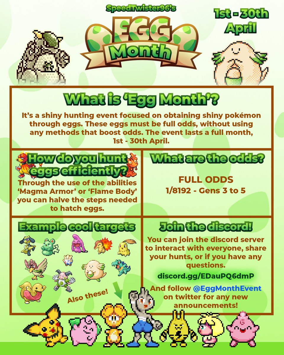 Welcome to the official Twitter account for #EggMonth!
This account exists to promote Egg Month and showcase shinies people have found during the event!
Feel free to also join the discord that hosts this event to interact with other participants! discord.gg/TtYMEHp