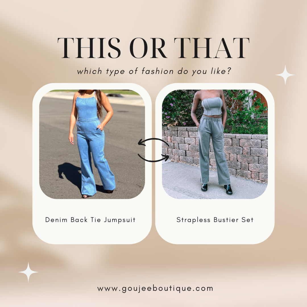 Get ready for a #ThisorThatTuesday outfit showdown! Which look are you feeling for the day?

Option A: Our denim back tie jumpsuit—just add some heels to instantly dress it up! ⁣ ⁣

Option B: This strapless bustier set is perfect for an outdoor brunch or a casual night out.