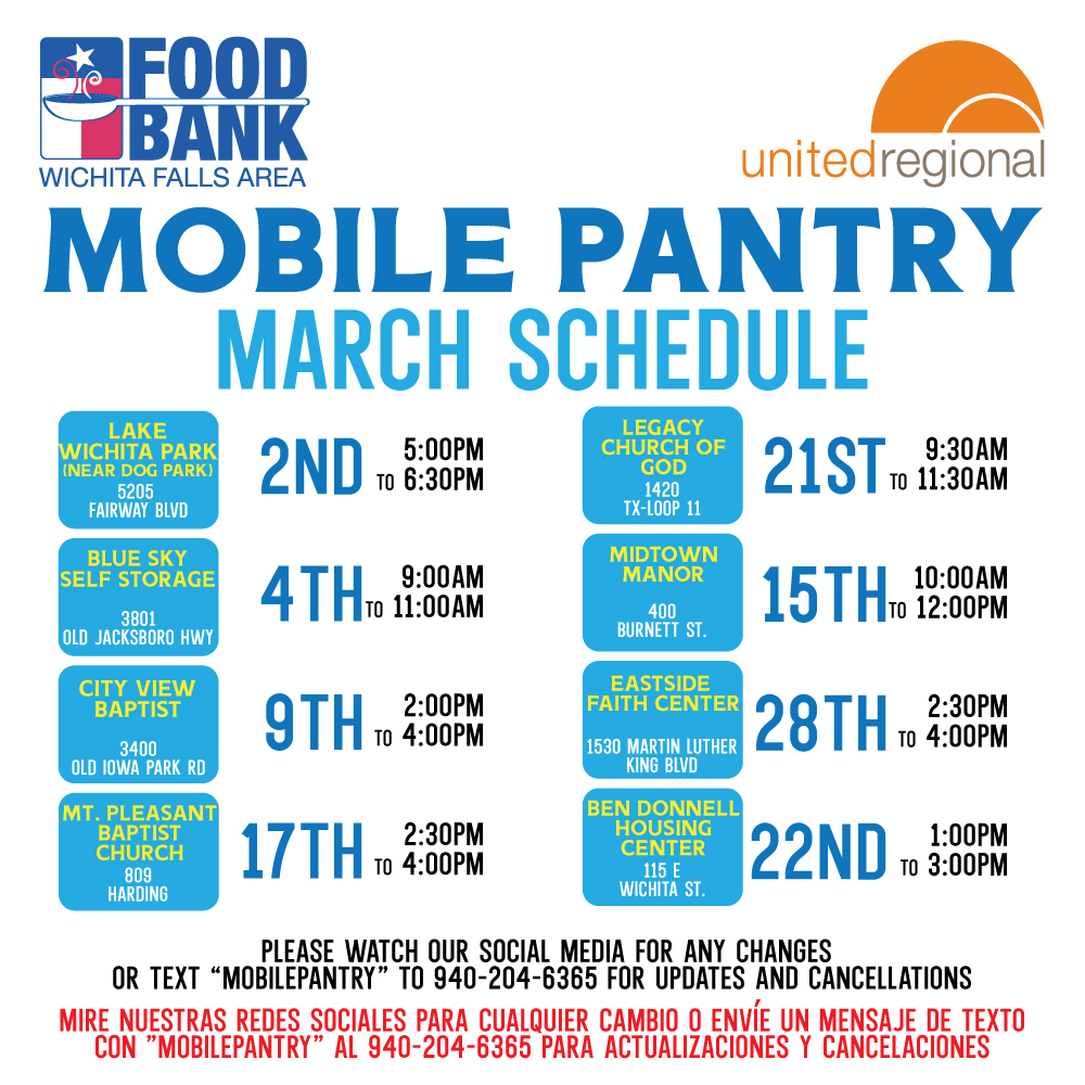 Here is your Mobile Pantry update for March. You can also text MOBILEPANTRY to 940-204-6365 to get updates sent right to your phone.