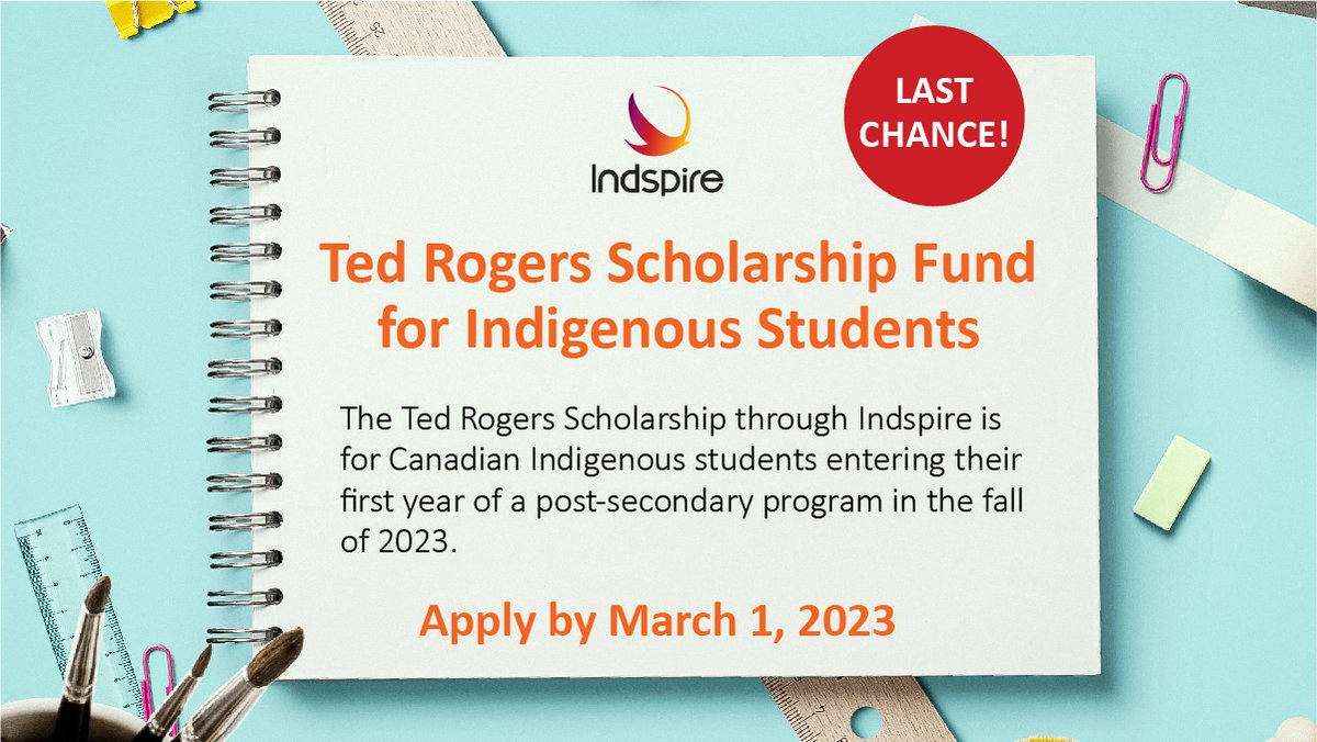 ❗️Don’t miss out❗️

TOMORROW – Mar 1, 2023 – is the deadline to apply for the Ted Rogers Indigenous Scholarship! 💰

If you’re starting college or university for the very first time in Fall 2023 &amp; taking a minimum 2-year program, apply now. 👇
indspire.ca/apply-now/#ted… 

#BBF