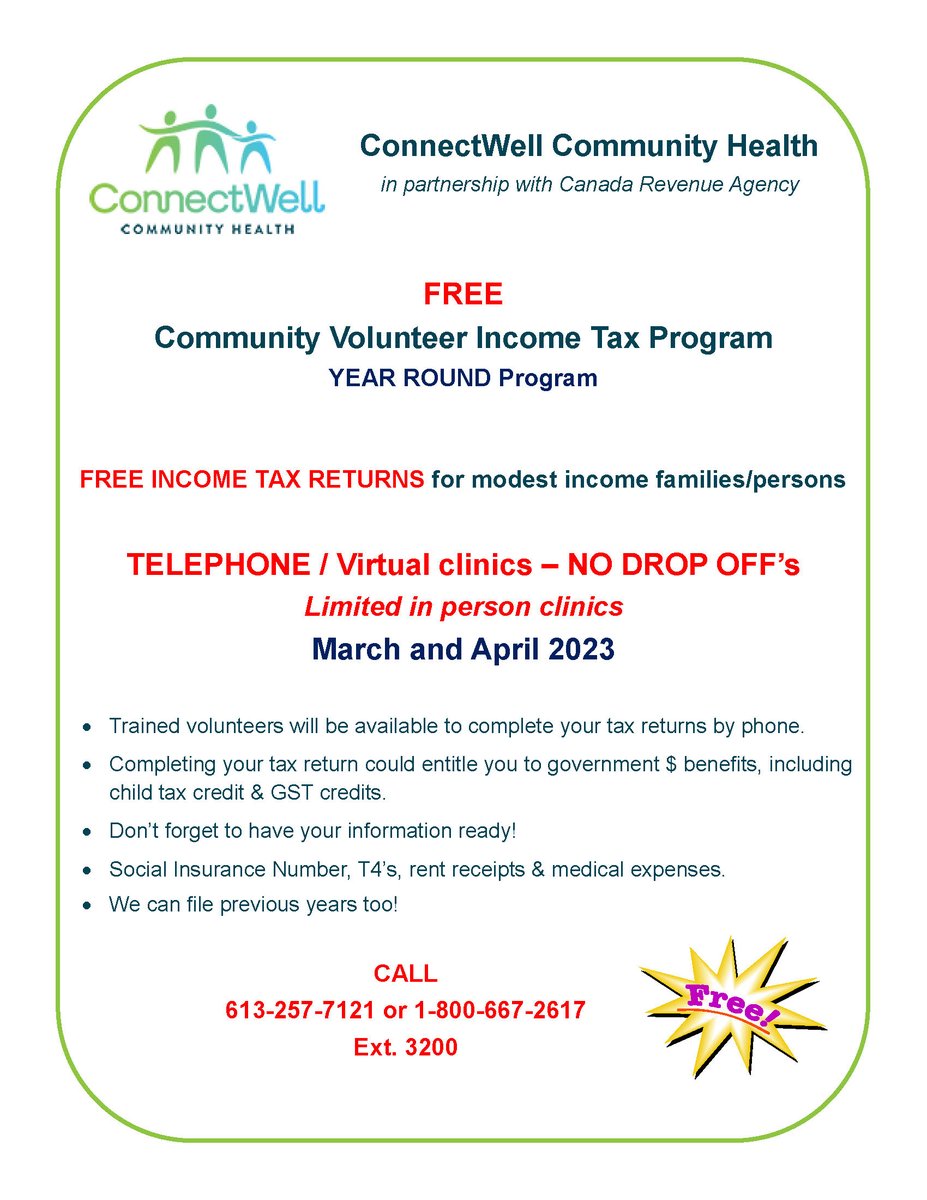 Need help with your income tax return? You may be eligible for assistance through this great ConnectWell program! Details attached.