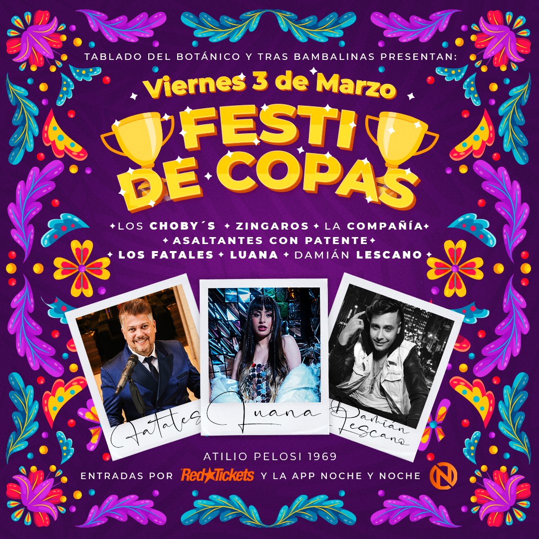 Festi de Copas 🏆

El viernes empezamos a despedir el carnaval con tremendo festi 🔥

Luego de las actuaciones de los conjuntos ganadores bailamos hasta el amanecer con <a href="/PersinculaLuana/">LUANA</a>, <a href="/fatadelgado/">Fata Delgado</a> y Damián Lescano en vivo. 

🎟 Entradas en <a href="/RedTicketsUY/">RedTickets Uruguay</a> o la app Noche y Noche.