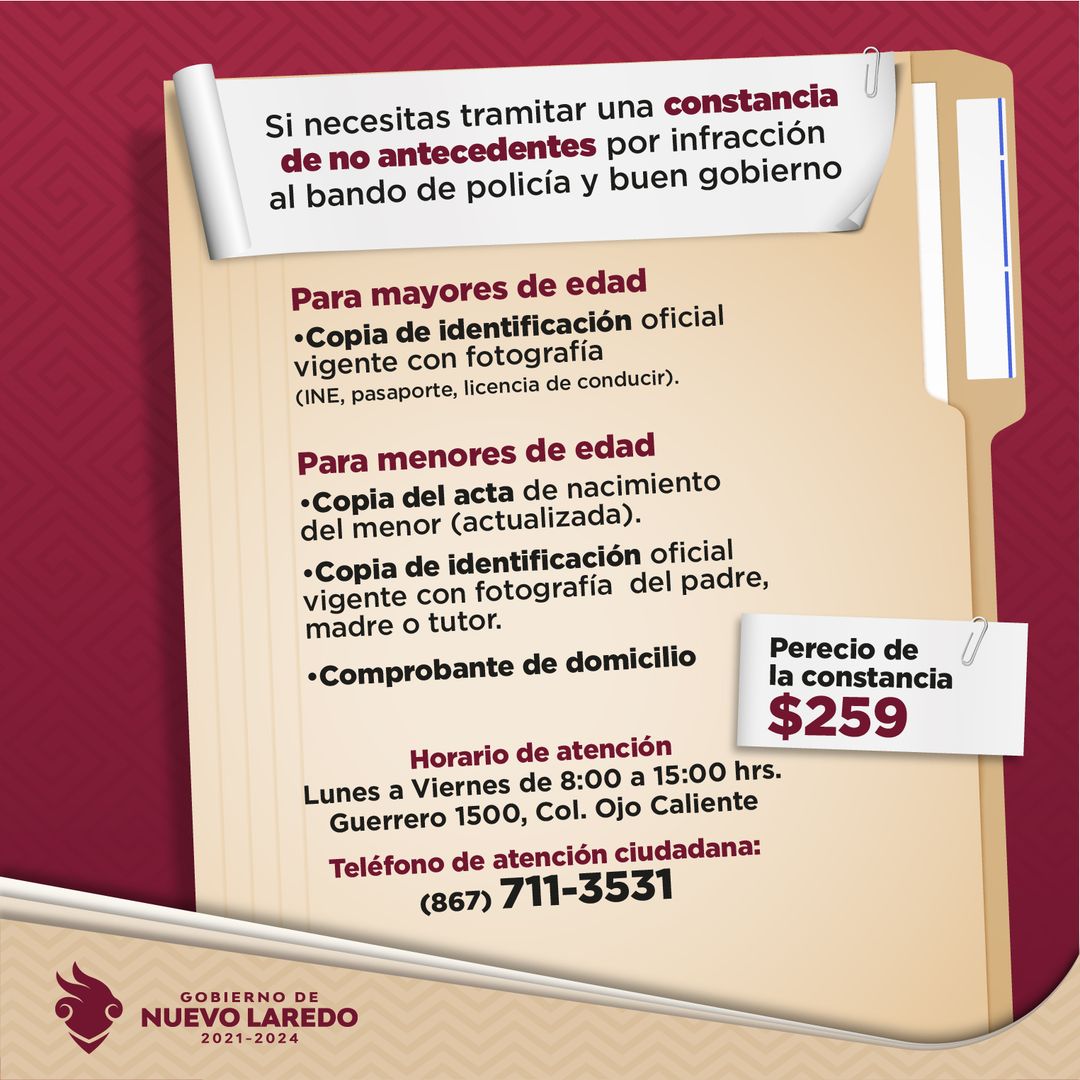 foojavx's tweet image. Si necesitas tramitar una constancia de no antecedentes por Infracción a la Policía y Buen Gobierno, puedes acudir a la Secretaría del Ayuntamiento de 8:00 de la mañana a 3:00 de la tarde.  @Carmenliliacrv  #NuevoLaredo #Tamaulipas