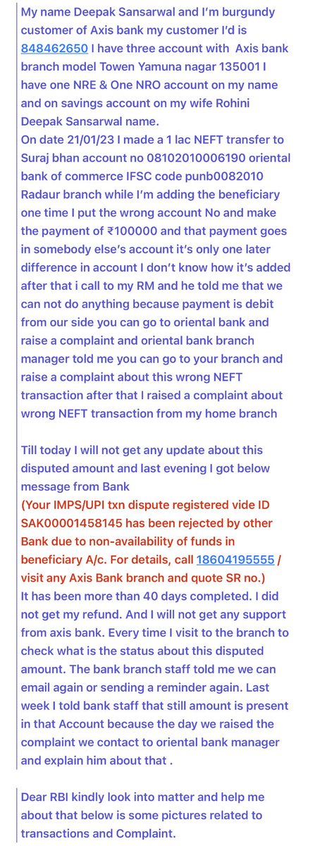 SansarwalDeepak's tweet image. #Axisbanksupport # Axisbank  #RBI my dear friends. I request you to please don’t deal with axis bank. They have the useless and the worst services in the banking sector.