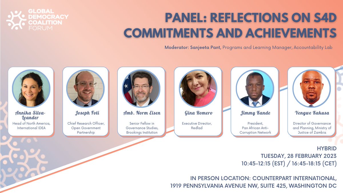 #GDCForum |  #GlobalDemocracyCoalition

📣The panel 'Reflections on #Summit4Democracy #Commitments and Achievements' is happening now!

Join our esteemed panelists in this important discussion: @NormEisen, @AnnikaSilva, Gina Romero, @joseph_in_md, @KandeJimmy, & Yengwe Kakusa.