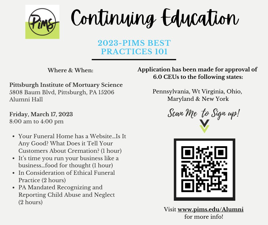 PIMS5808's tweet image. PIMS is hosting a “One and Done” Continuing Education Seminar! 🥳💚
Join us on Friday, March 17th to get ALL of your Con-Ed credits. 
Scan the QR code to sign up, or visit: pims.edu/continuing-edu… for more information.