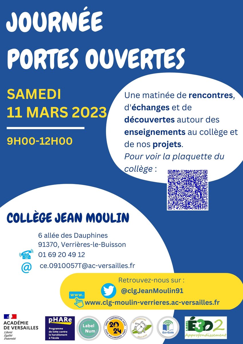 clgJeanMoulin91's tweet photo. 🆕🗓️samedi 1⃣ 1⃣ mars 2023, 9h00-12h00 
#JPO2023 Journée Portes Ouvertes au @clgJeanMoulin91 
@acversailles @Ville_Verrieres @FranckGOUSSET @rachel_meynent https://t.co/03CkJhttvi