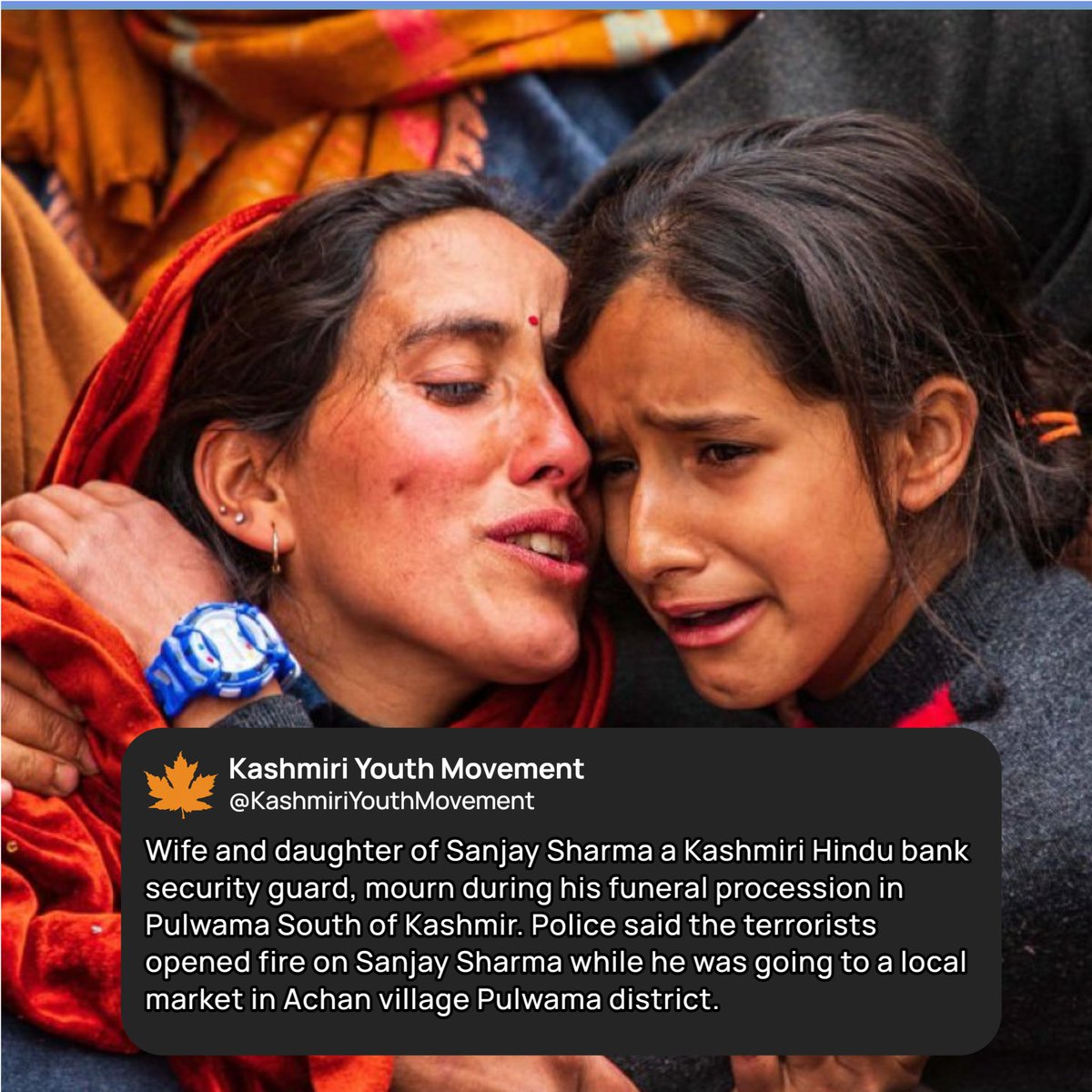 KYMchannel's tweet photo. 26th Feb 2023: Family members and neighbors mourn near the dead body of Sanjay Sharma, a Kashmiri Hindu bank security guard who was shot dead by militants in Pulwama. Police said the terrorists opened fire on Sanjay Sharma while he was going to a local market in Achan village https://t.co/rlprLbeyHa