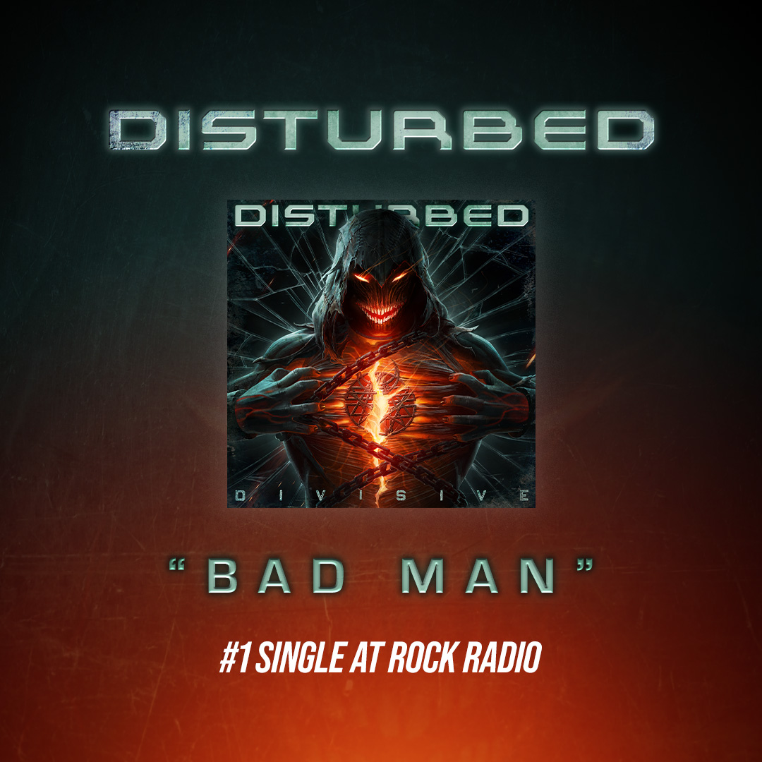 Disturbed's tweet photo. "Bad Man" is our 17th #1! Thank you Rock Radio &amp; Disturbed Ones! 🤘

Listen to "Bad Man" and our new album DIVISIVE ▶️ https://t.co/qZTINF3VOs https://t.co/DHcrnMNXLx