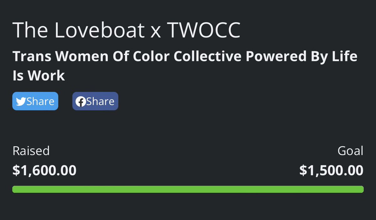 A BIG shoutout to The Loveboat for showing up for <a href="/TWOCCNYC/">Trans Women of Color Collective</a> this past week. We raised $1,600 even and crossed $11,000 raised as a community for charity PERIOD. You all SMASHED that goal and I’m SO proud. 🥹