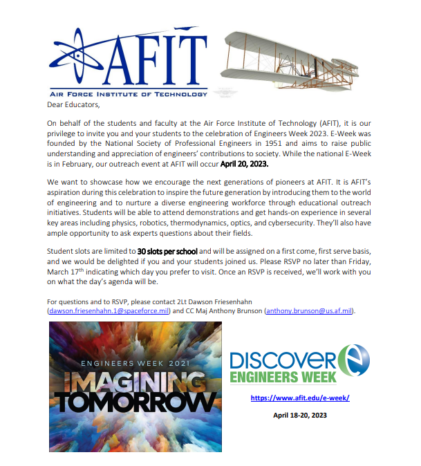 TomJenkinsSTEM's tweet image. #WPAFB Area Educators: Check out this Air Force Institute of Technology (AFIT)'s Engineers Week event! My students have always loved this interactive experience! Space is limited. #dayton #Dostem