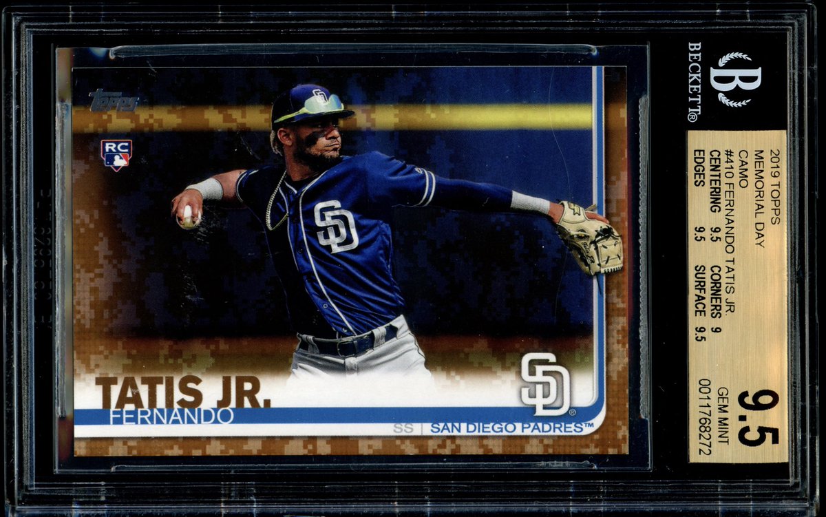 SaratogaSlabs's tweet photo. Not sure what this is worth these days…

Open to trades or cash 

2019 Topps Fernando Tatis Camo /25 BGS 9.5 https://t.co/GhL9IQPC1R