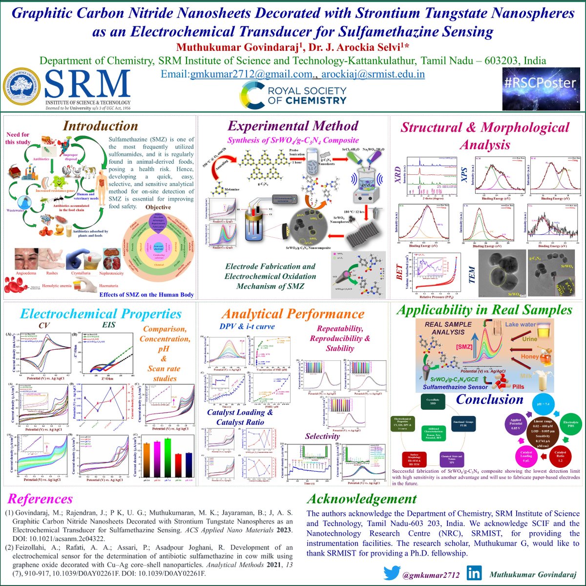 Happy to share our recent work on Graphitic Carbon Nitride Nanosheets Decorated with Strontium Tungstate Nanospheres as an Electrochemical Transducer for Sulfamethazine Sensing. Zoomable poster. Happy to answer any questions! #RSCPoster #RSCCat #RSCInorg #RSCMat #RSCEnv #RSCNano