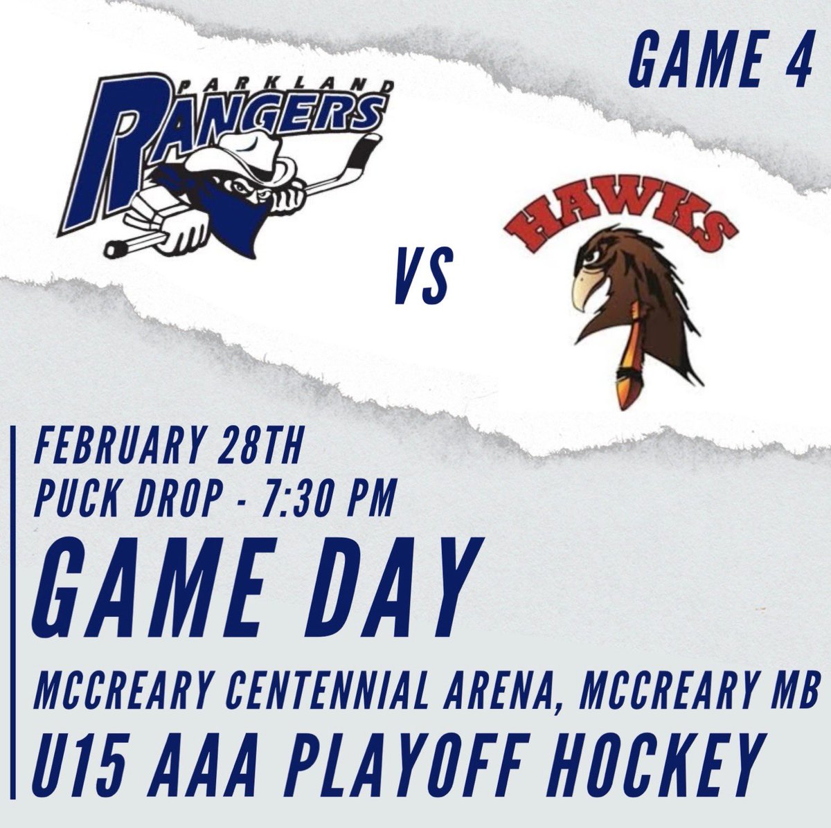 Here we go! The team looks to take the series tonight in game 4 at home in McCreary! Come out to watch some great play off hockey or check out the live feed on our FB page. #GoRangers