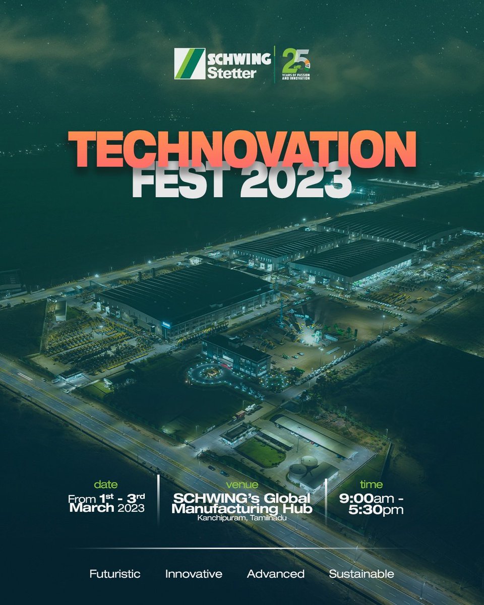 SchwingIndia's tweet image. Get ready to witness a showcase of cutting-edge technological innovations at SCHWING&apos;s #Technovation2023. With only a few hours left until the grand display! Join us starting March 1st for a glimpse into The Future Of Construction. We can&apos;t wait to see you there!