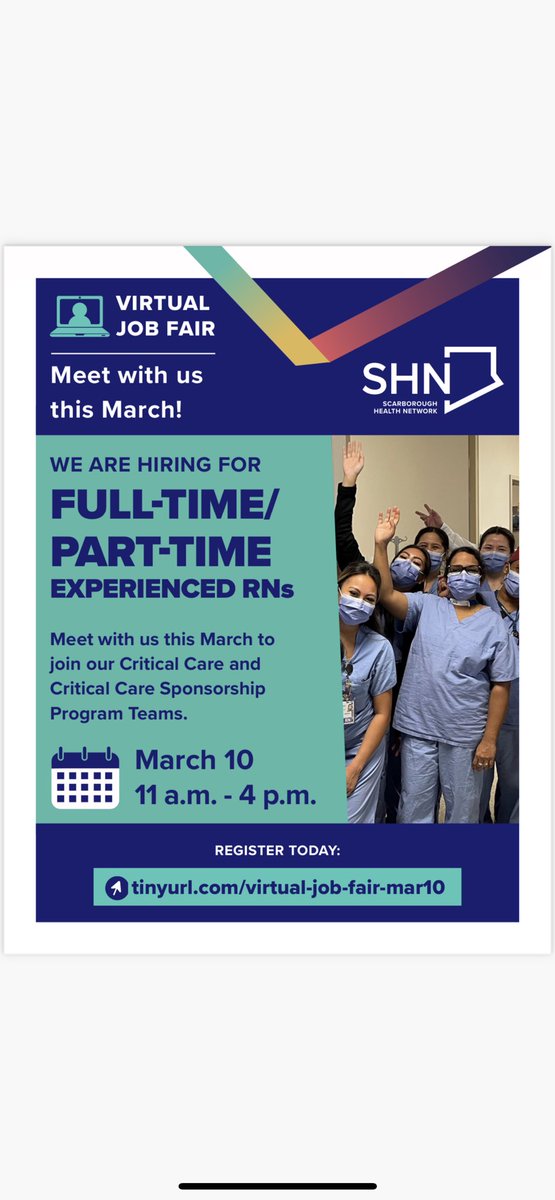 We are looking for experienced #RNs 💙 to join our ICU and our Critical Care Sponsorship Program at SHN! 

🗓 March 10, 2023
🕐 11-4pm

Apply today: tinyurl.com/virtual-job-fa…

#hiringfair #criticalcaresponsorship #icu #criticalcarenursing #scarbto #hiring #healthcare