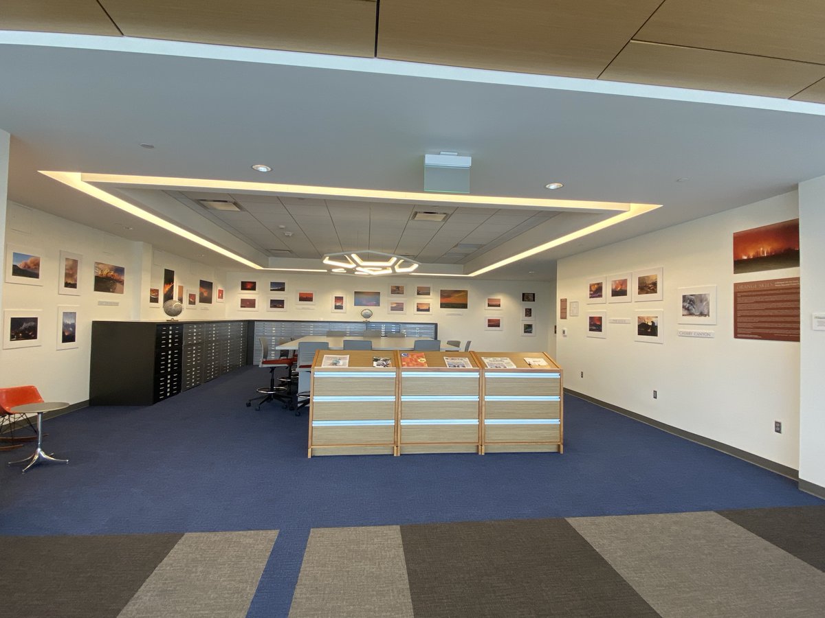 We recently partnered with State of the Rockies to hang over 40 prints from the Orange Skies Project in our fourth floor map room. These images are from 2020 wildfires and highlight the complex relationship we have with fire. Thank you to Facilities for helping us hang these!