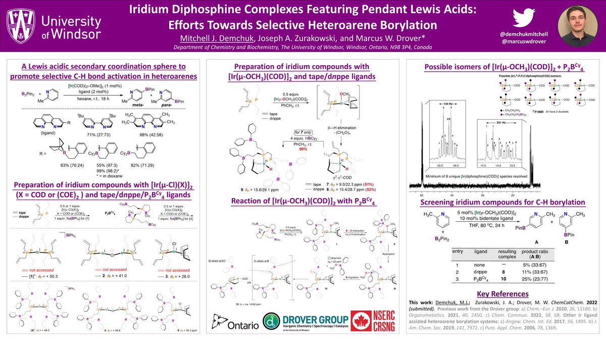 Mitchell Demchuk (@demchukmitchell) on Twitter photo Excited to share some work on how iridium diphosphine complexes with a Lewis acidic secondary coordination sphere influences selective heteroarene borylation!
<a href="/marcuswdrover/">Marcus Drover</a> <a href="/ChemUWindsor/">UWindsor Chemistry</a> <a href="/UWindsor/">University of Windsor</a>
#RSCPoster #RSCInorg Excited to share some work on how iridium diphosphine complexes with a Lewis acidic secondary coordination sphere influences selective heteroarene borylation!
<a href="/marcuswdrover/">Marcus Drover</a> <a href="/ChemUWindsor/">UWindsor Chemistry</a> <a href="/UWindsor/">University of Windsor</a>
#RSCPoster #RSCInorg