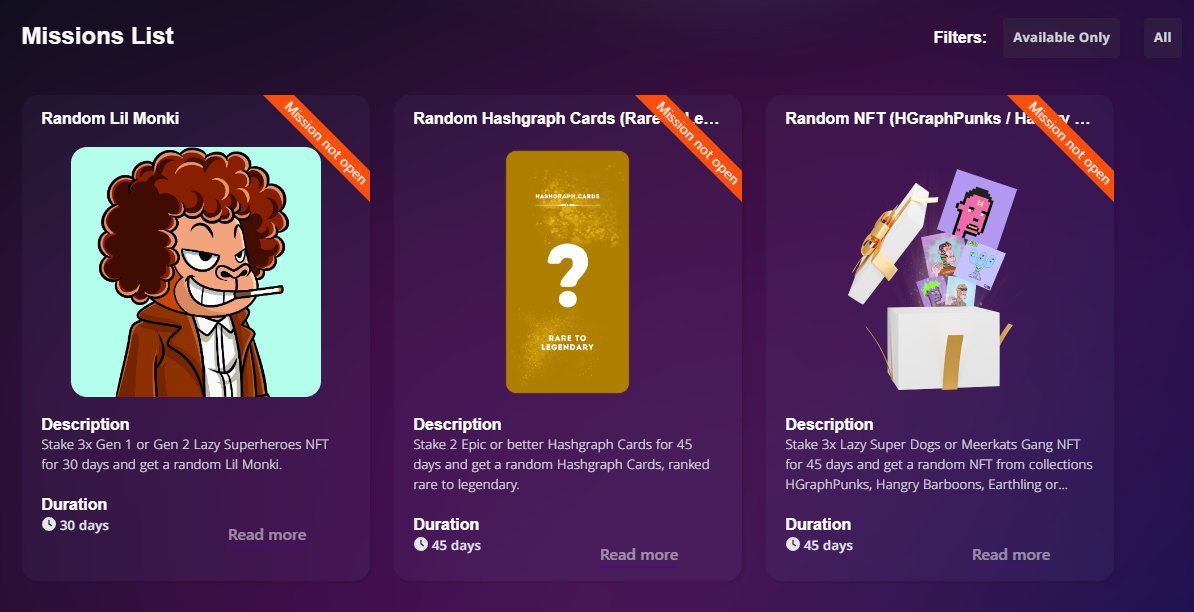 Lazy Superheroes (@superheroeslazy) on Twitter photo Today at 10pm CET we are opening 4 new spots in our Lazy dApp #HederaNFTs #Hedera๐
Our users will be able to stake and try to get some really cool NFT including: <a href="/HashgraphC/">Hashgraph Cards</a>, <a href="/LilMonkiNFT/">Lil Monki</a>, <a href="/CREETS_NFT/">Warlock N Key</a>, <a href="/HGraphPunks/">HGraph Punks ๐ช๐ค</a> & <a href="/HangryBarboons/">HANGRY BARBOONS</a>๐ซฐ
2nd batch open tomorrow at 11:30am CET Today at 10pm CET we are opening 4 new spots in our Lazy dApp #HederaNFTs #Hedera๐
Our users will be able to stake and try to get some really cool NFT including: <a href="/HashgraphC/">Hashgraph Cards</a>, <a href="/LilMonkiNFT/">Lil Monki</a>, <a href="/CREETS_NFT/">Warlock N Key</a>, <a href="/HGraphPunks/">HGraph Punks ๐ช๐ค</a> & <a href="/HangryBarboons/">HANGRY BARBOONS</a>๐ซฐ
2nd batch open tomorrow at 11:30am CET