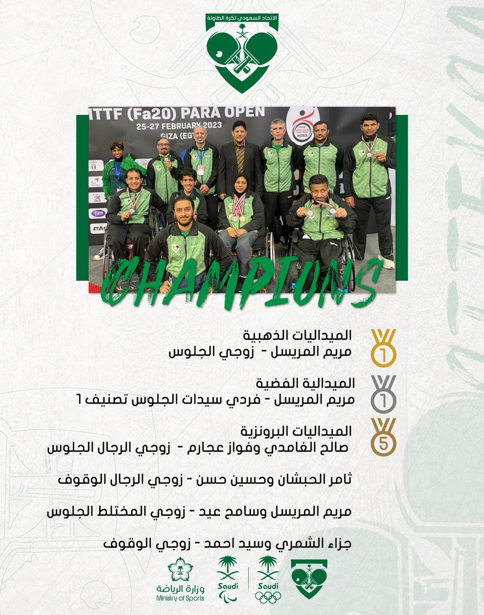 فوق هام السحب 🇸🇦

🏓| 7 ميداليات ملونة لأخضر الطاولة 
البارالمبية في بطولة مصر الدولية 

التفاصيل ⬇️

#الاتحاد_السعودي_لكرة_الطاولة