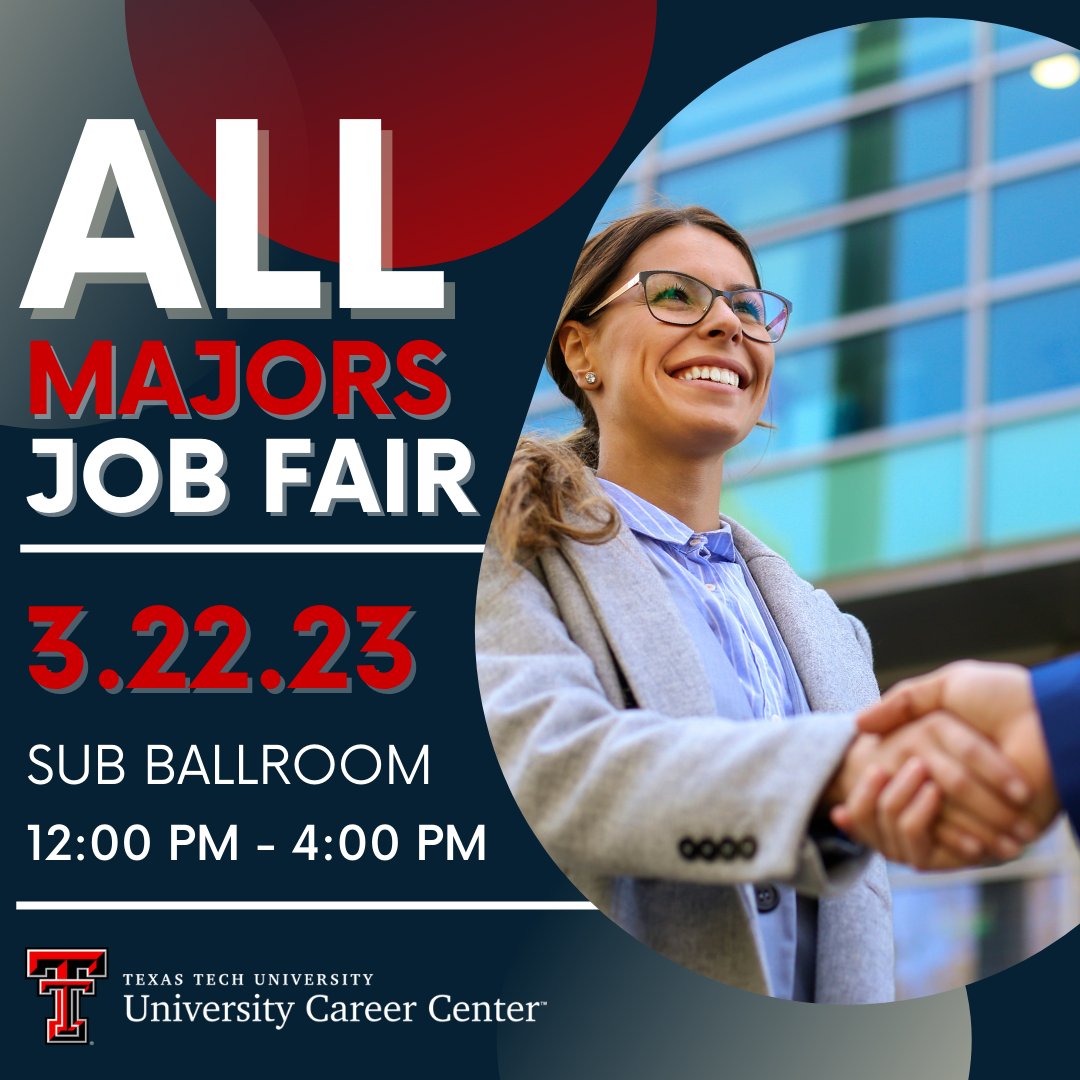 TTUCareers's tweet photo. Here's a friendly reminder to register for the ALL MAJORS JOB FAIR! Employers are coming to #Raiderland on March 22nd seeking to #HireRedRaiders! Meet us at the SUB from 12-4pm. Mark your calendars for this huge job fair! 🗒️ March is coming! #WreckEm #RedRaiders #TTU #TexasTech https://t.co/03RqQEJJLt