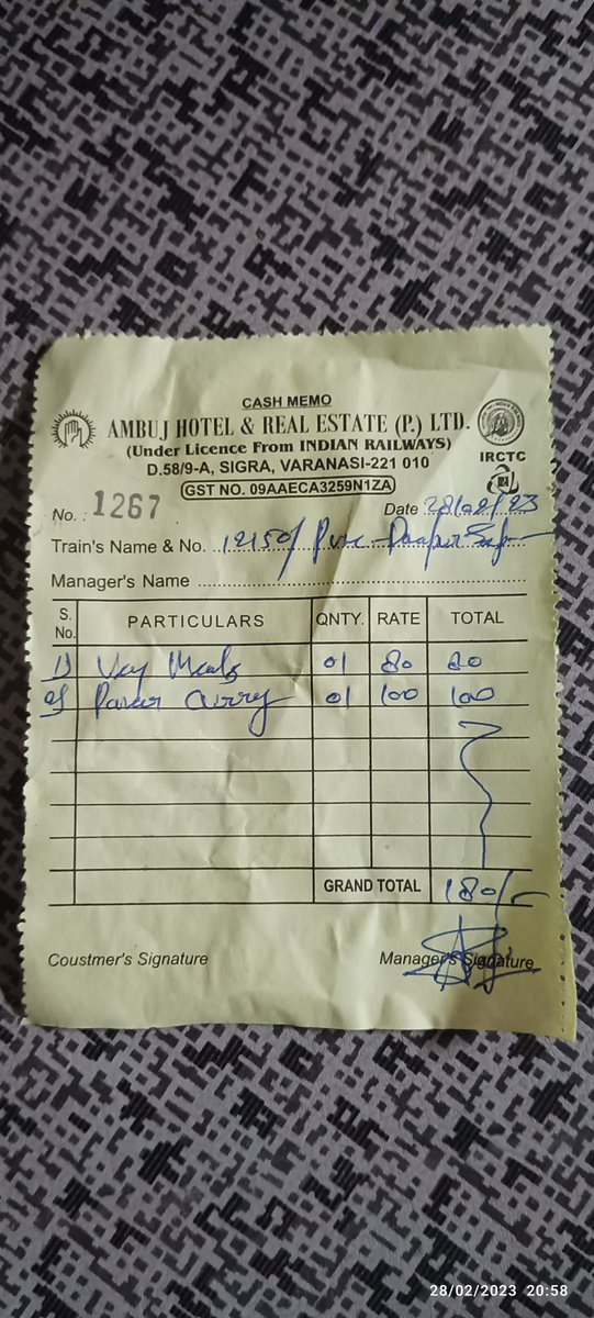 AshishM3191's tweet photo. Train no. 12150
PNR 6715617253
Date: 28-02-2023
Veg thali(only) Rs 120 paid
Bill of Rs 180 . 
Video enclosed. 
Co-passanger PNR: 6212141137
Either they are fooling citizens Or IRCTC. Appropriate action may be taken. @RailMinIndia @RailMadad @IRCTCofficial @RailwaySeva @PMOIndia https://t.co/7IfOz72FrS