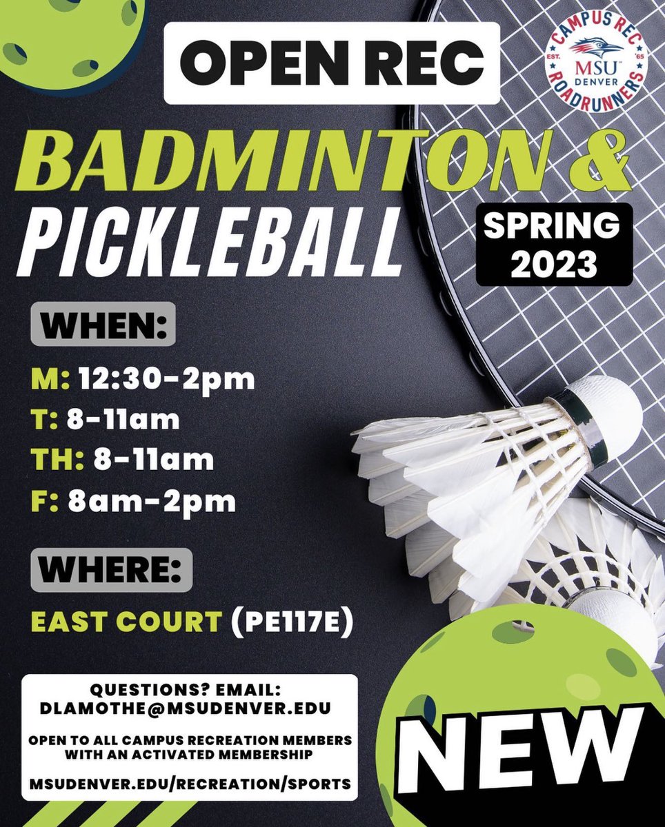 MSUDenverRec's tweet photo. New this semester we now have badminton and pickleball! 

**OPEN to ALL with an active Campus Rec Membership**

Questions❔Email:
dlamothe@msudenver.edu 

#MSUDenver 
#MSUDenverRec
#RoadrunnerRec
#OpenRec 
#MSUDenverLife https://t.co/GUqcywZjx4