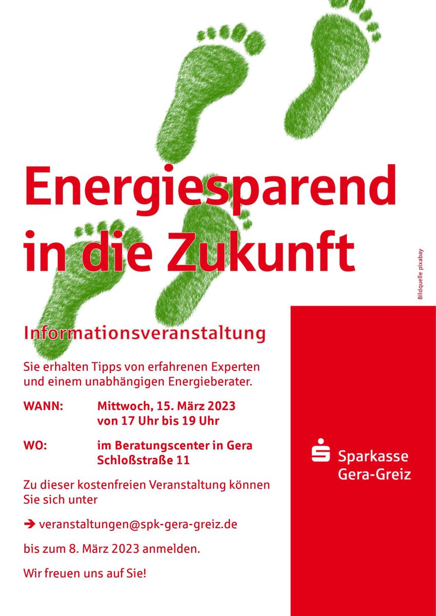 Ich freue mich auf eine interessante Veranstaltung mit unseren Kunden in der Sparkasse Gera- Greiz und Martin Persch, Energieberater  

Es gibt noch ein paar freie Plätze 👍🏻