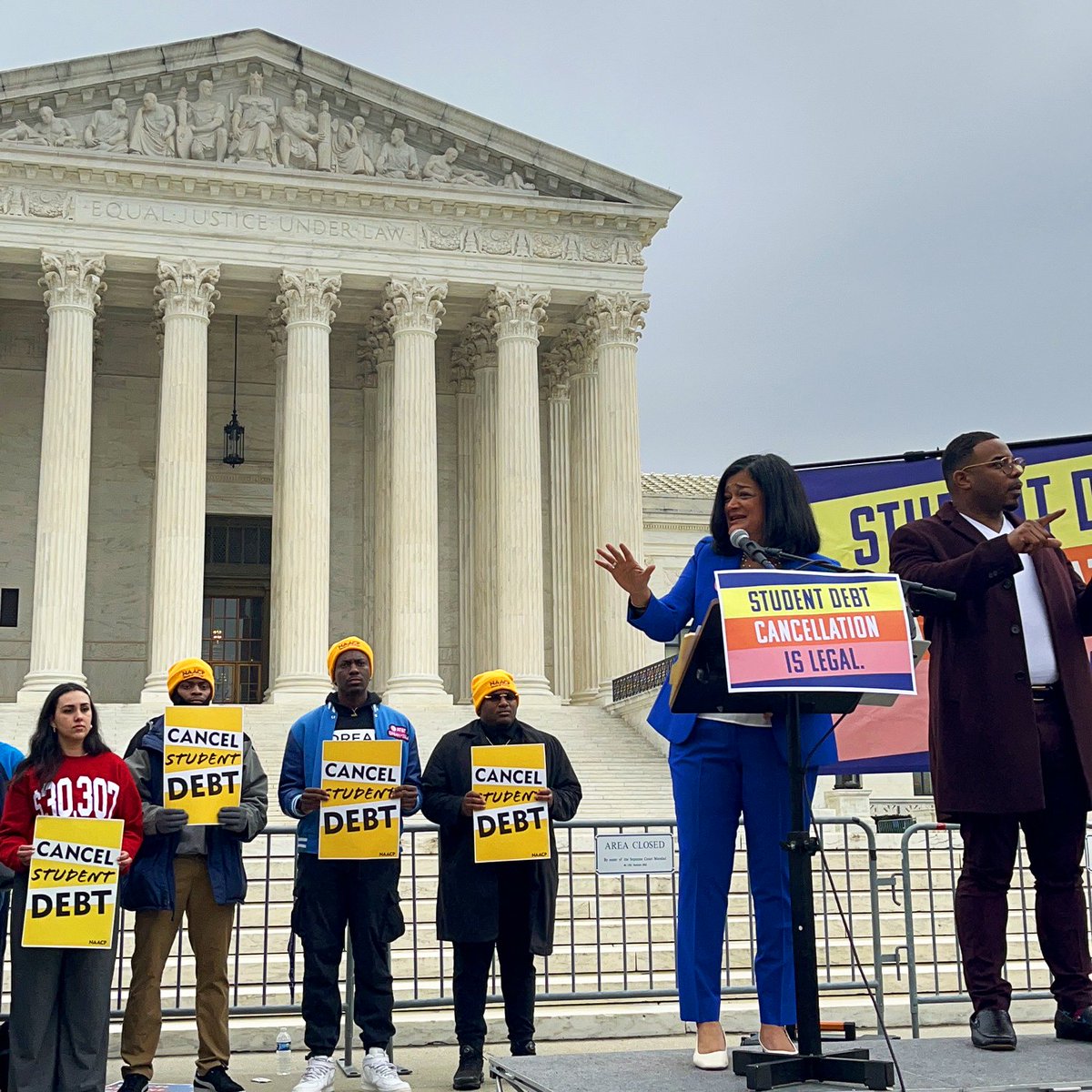 RepJayapal's tweet image. Today, I stood in solidarity with the more than 40 million Americans whose futures rest in the hands of the Supreme Court.

@POTUS's plan to cancel student debt is about freedom, economic justice, and racial justice. The Court should do the right thing and cancel student debt.