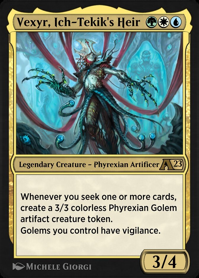 Vexyr, Ich-Tekik's Heir. Legendary Creature — Phyrexian Artificer ©Wizards of The Coast 2023 AD: Dawn Murin This is one of my favourite cards, and I had no idea it would become a Legendary Card! #michelegiorgiart #allwillbeone #MTGPhyrexia #MTGONE