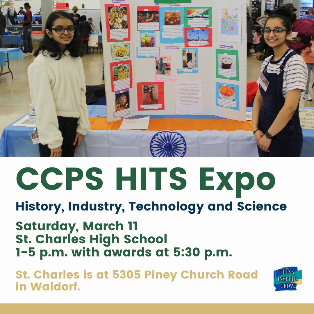 CCPS is hosting its annual HITS Expo, tomorrow from 1 to 5 p.m. at <a href="/stcharleshs/">St Charles High School</a>. The Expo showcases student work in the areas of science and history with hands-on activities and learning opportunities for students in areas such as science, history, CTE and engineering.