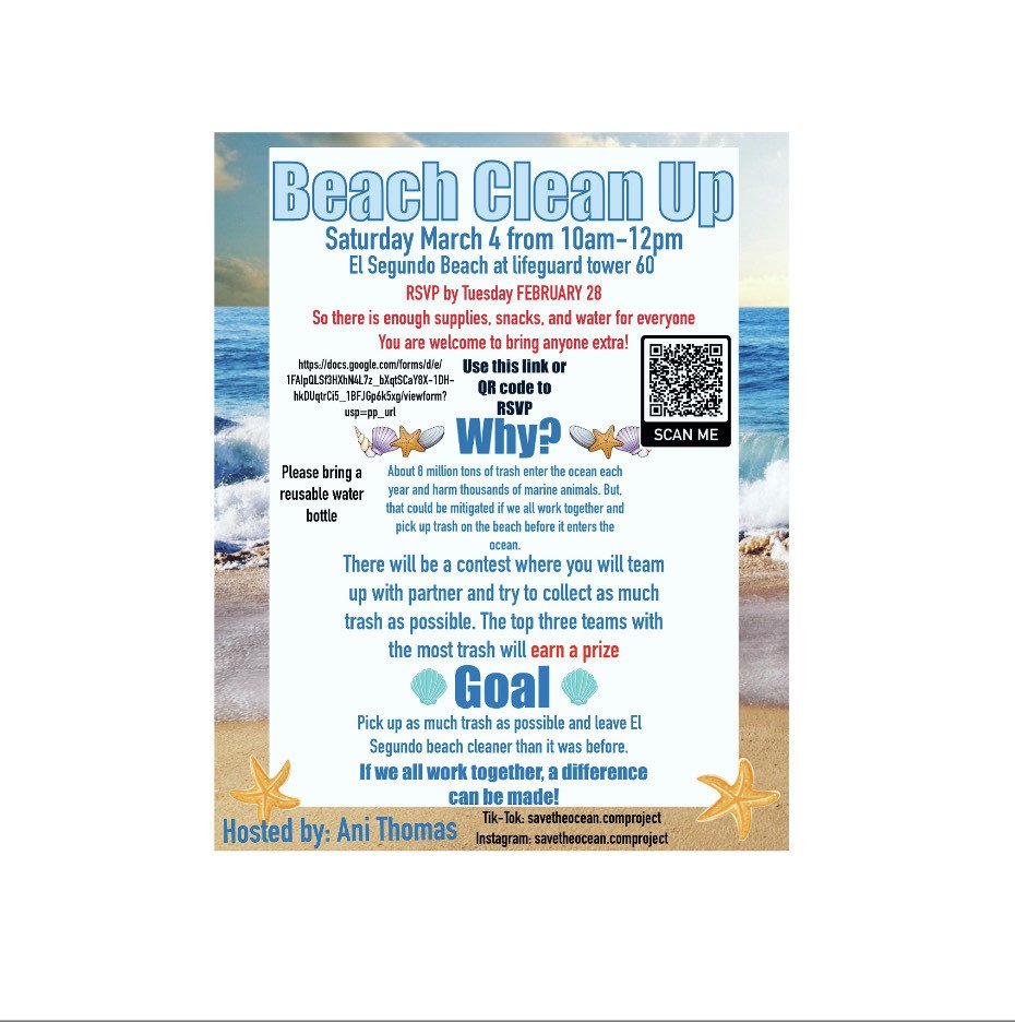 El Segundo Middle School (@elsegundomiddle) on Twitter photo *8th Grade Community Project Post*
There will be a beach clean up on Saturday March 4 from 10am to 12pm. If you are interested, please RSVP by Tuesday February 28.
<a href="/savetheocean/">Laurenne Schiller</a>.comproject *8th Grade Community Project Post*
There will be a beach clean up on Saturday March 4 from 10am to 12pm. If you are interested, please RSVP by Tuesday February 28.
<a href="/savetheocean/">Laurenne Schiller</a>.comproject