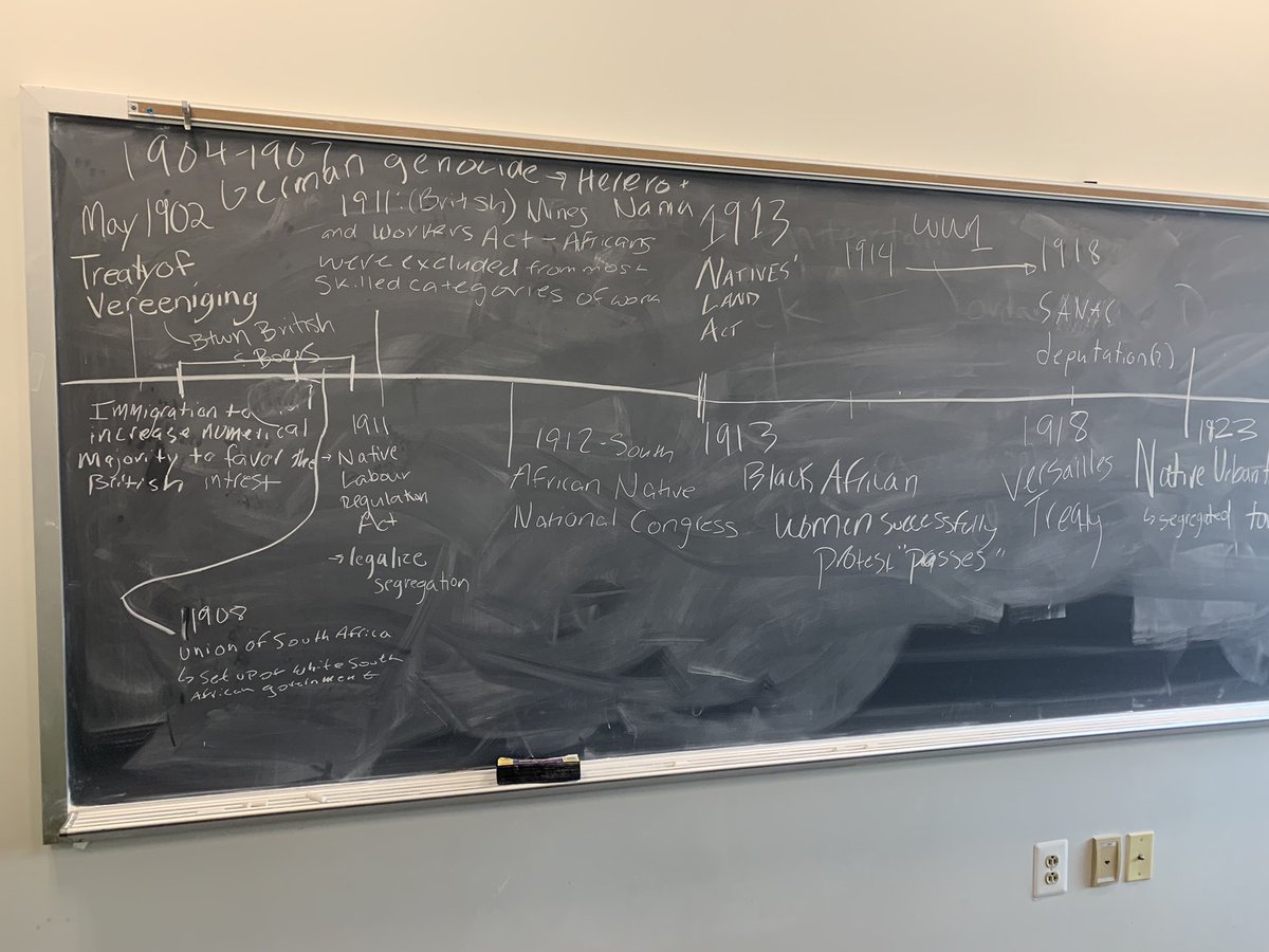 JohannaMellis's tweet photo. Basic but (pretty much always) successful teaching activity: 

@UrsinusHistory students collectively created a timeline &amp; explained the moments they plotted, while I ensured connections were clear.

Today we did colonialism, racial capitalism, and segregation in southern Africa. https://t.co/b8WoN9Ppg0