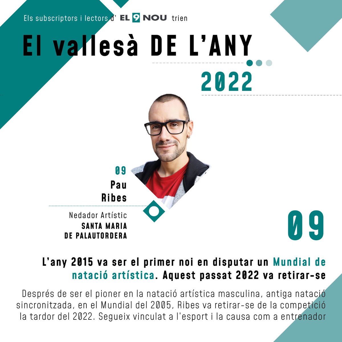 el9nou_vor (@el9nou_vor) on Twitter photo VALLESÀ DE L'ANY 🗳️
I el segon nominat del dimarts és <a href="/PauRibes_Sincro/">Pau Ribes Culla</a>, pioner de la natació artística masculina que aquest 2022 va retirar-se oficialment de la màxima competició 🏆
Tot i haver-se retirat, continua vinculat a la seva modalitat esportiva com a entrenador 💪🏼👏🏼 VALLESÀ DE L'ANY 🗳️
I el segon nominat del dimarts és <a href="/PauRibes_Sincro/">Pau Ribes Culla</a>, pioner de la natació artística masculina que aquest 2022 va retirar-se oficialment de la màxima competició 🏆
Tot i haver-se retirat, continua vinculat a la seva modalitat esportiva com a entrenador 💪🏼👏🏼