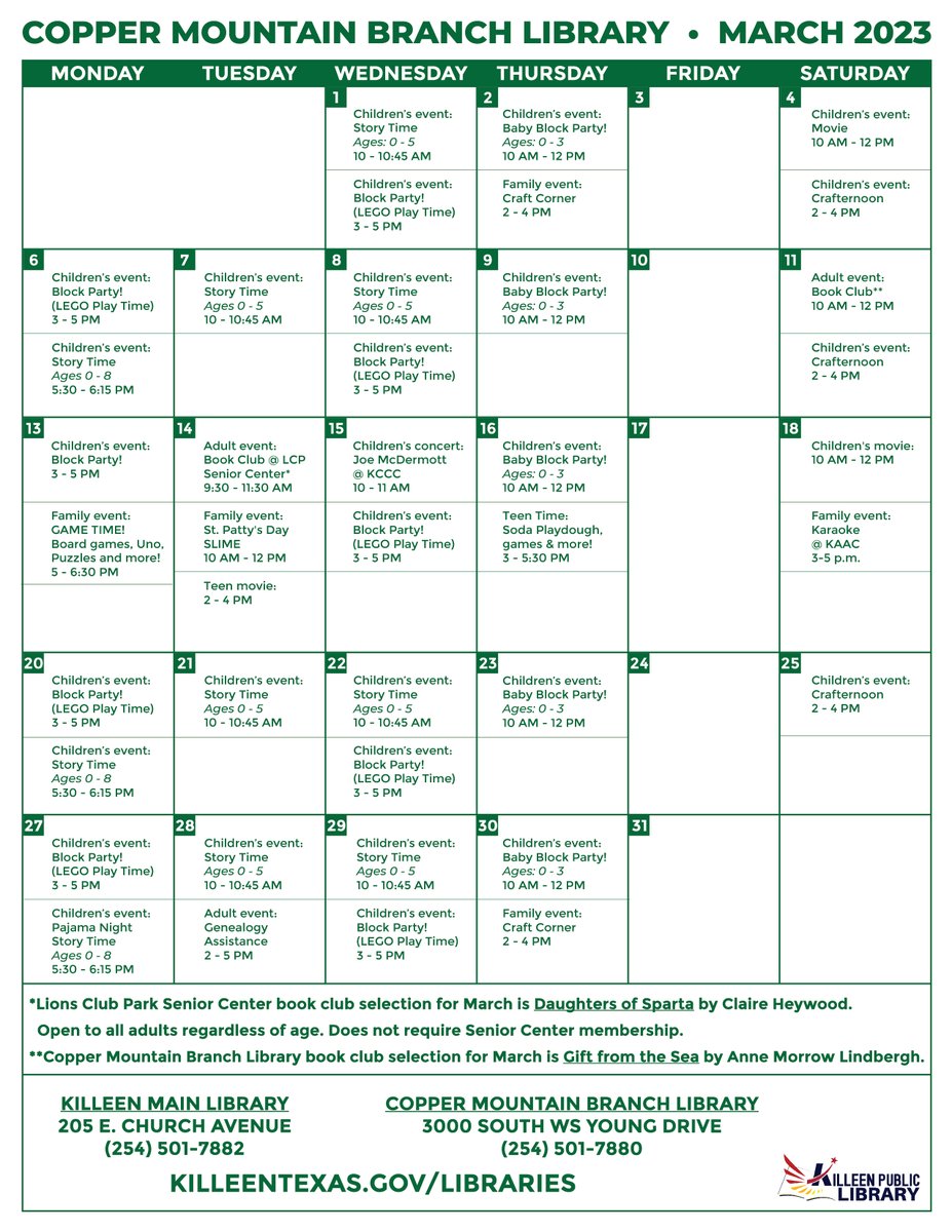 CityofKilleen's tweet image. 📚 Programs at your Killeen Public Library are in full swing for the spring! Check out these March calendars for a full rundown of everything we offer. 

Special reminder to #SaveTheDate for the Joe McDermott concert on Mar. 15!

#KilleenPublicLibrary #LibraryPrograms #ThingsToDo